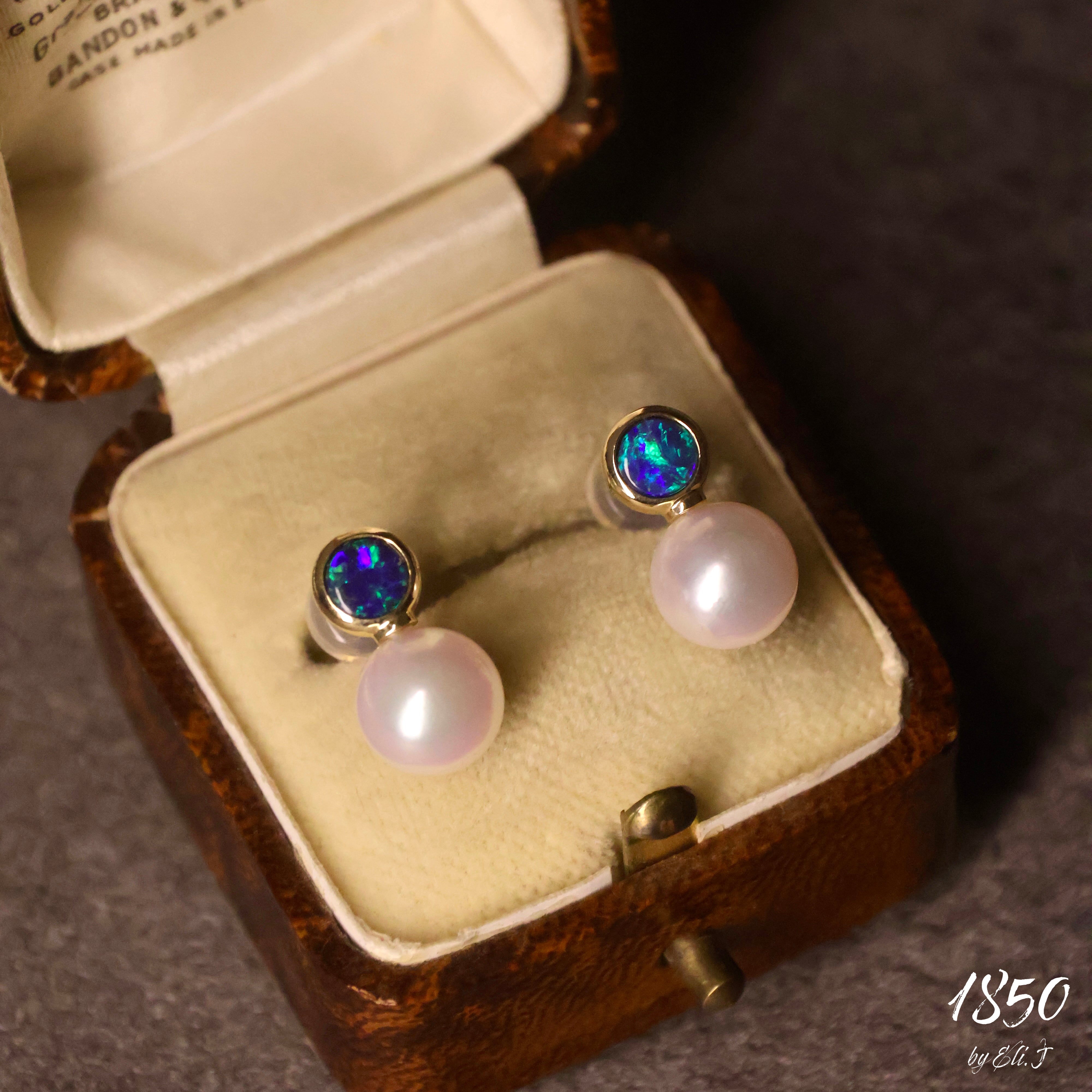 Queen E: 18K Yellow Gold Akoya Pearl & Australian Opal Earrings