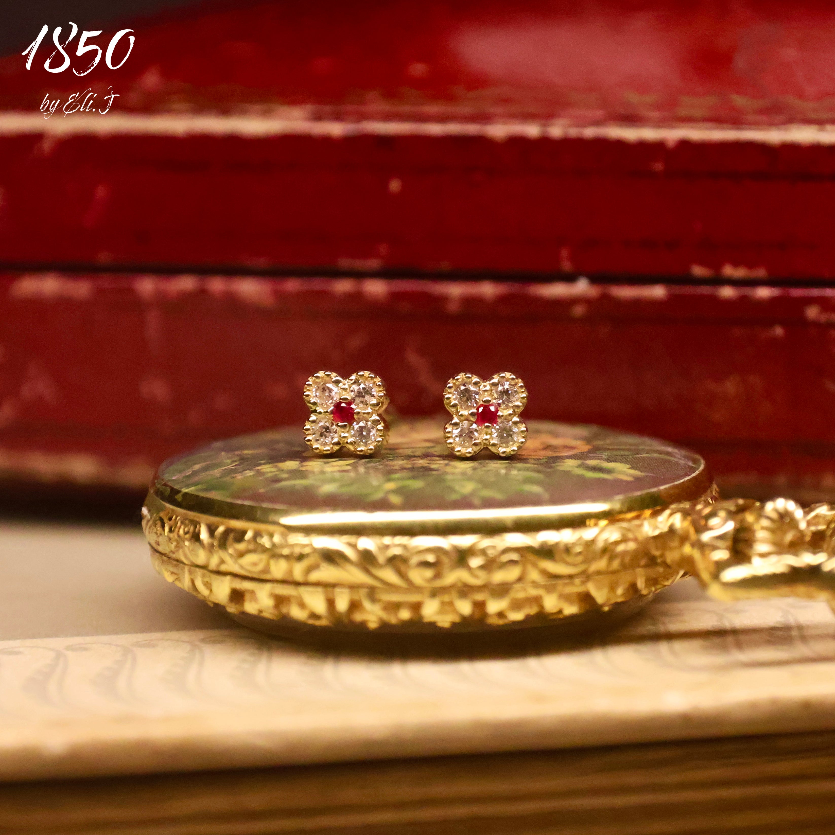 Clover: 18K Yellow Gold Ruby & Diamond Stud Earrings